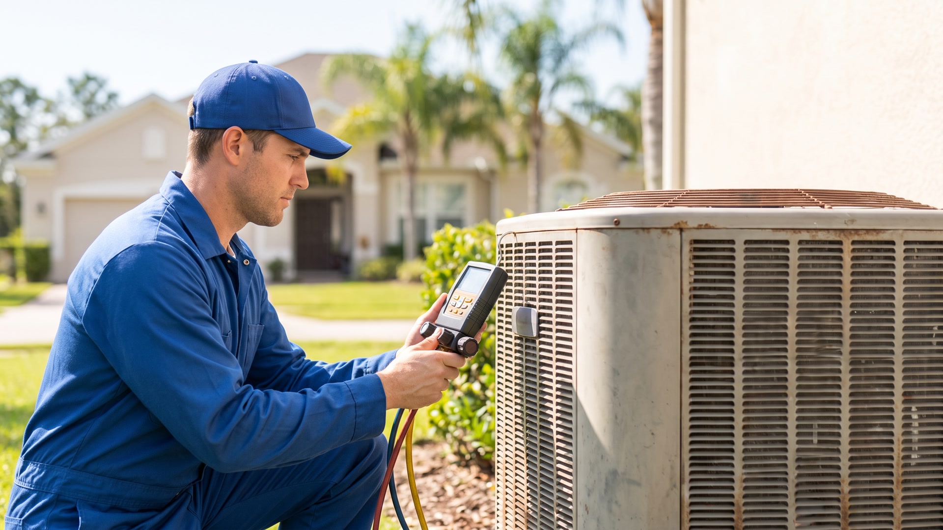 Technician diagnosing a home air conditioning unit
