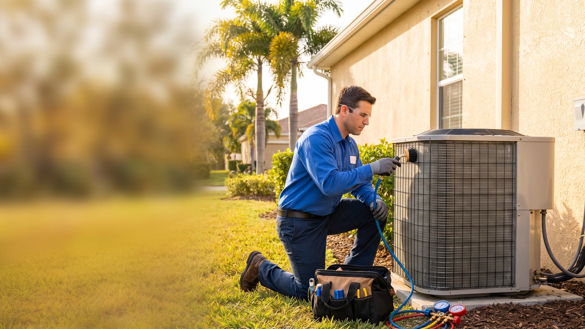 Air conditioner maintenance tune-up in progress