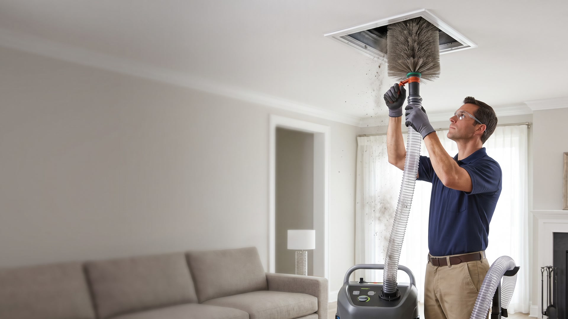 Air duct cleaning equipment inside a home